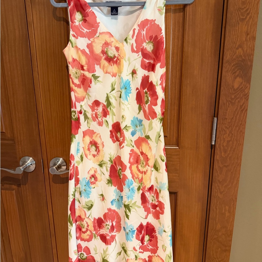 Ann Taylor Cream Maxi Dress with Red & Blue Floral Print